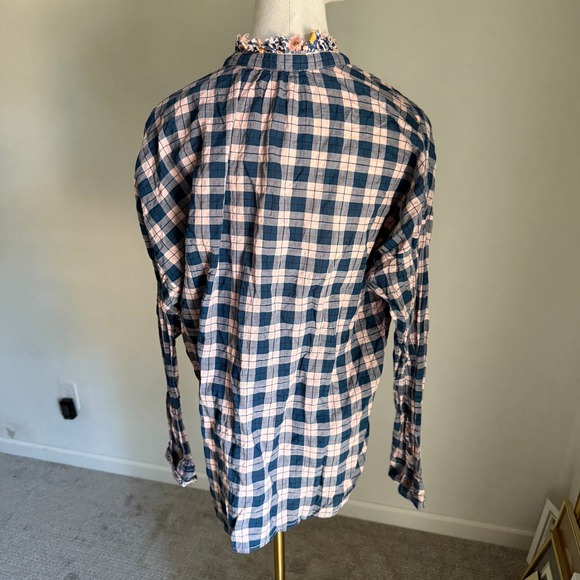 Pilcro Anthropologie Tavi Plaid Button Down Navy Pink Ruffle Collar Shirt Top XS - Picture 5 of 9